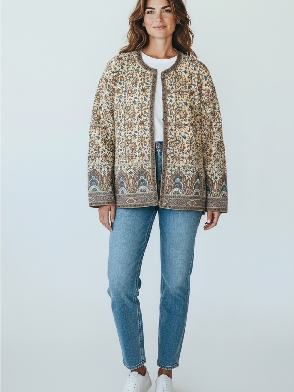 Orvis Quilted Floral Border Jacket - Beige, Blue, Brown